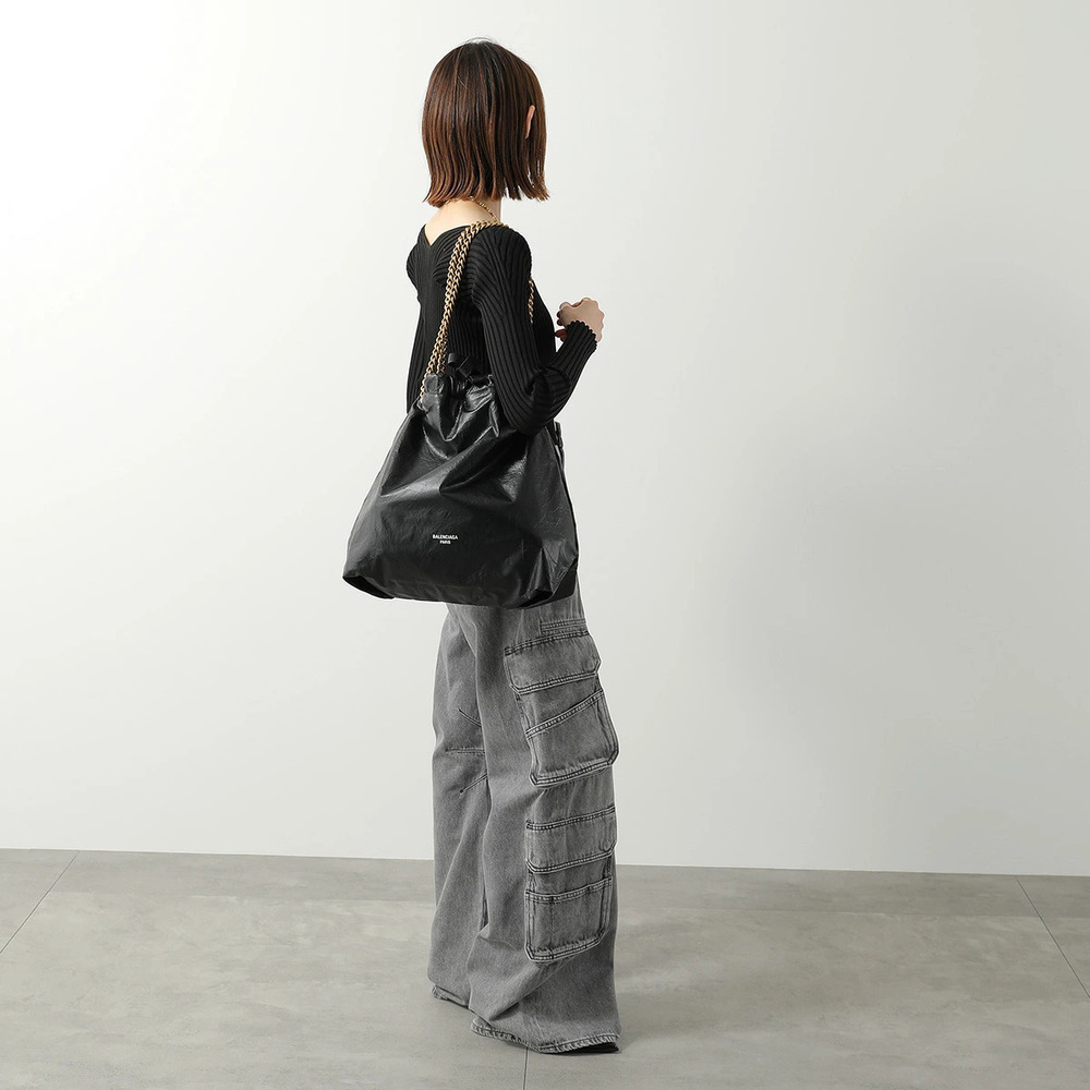 Balenciaga Crush Tote Shoulder Bag Leather Crossbody Drawstring BLACK